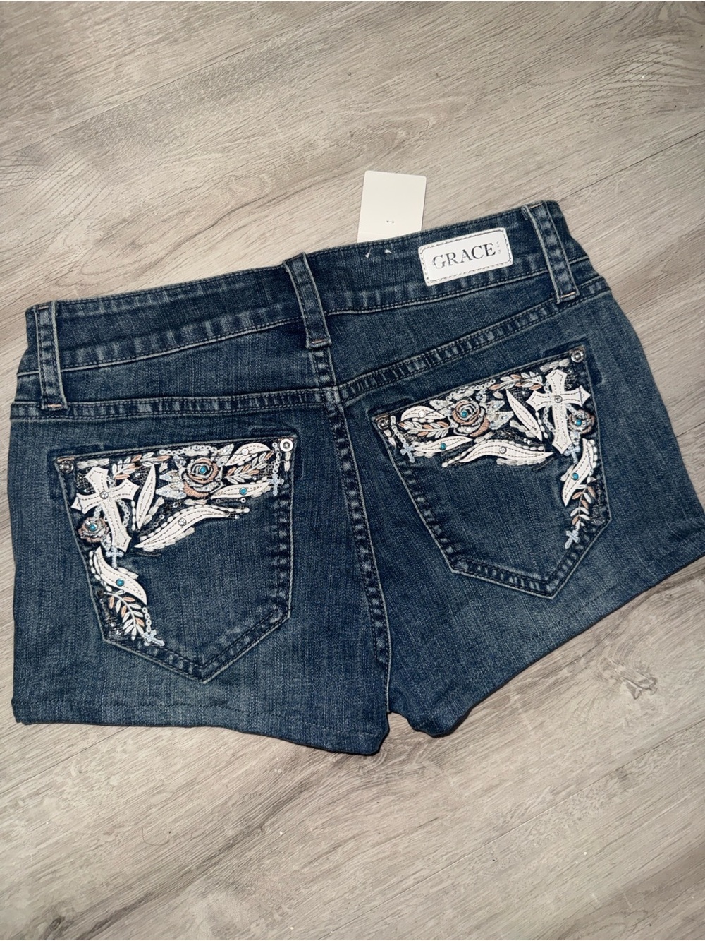 GRACE Dark Blue Denim Shorts with White & Light Blue Embroidery - Picture 1 of 4
